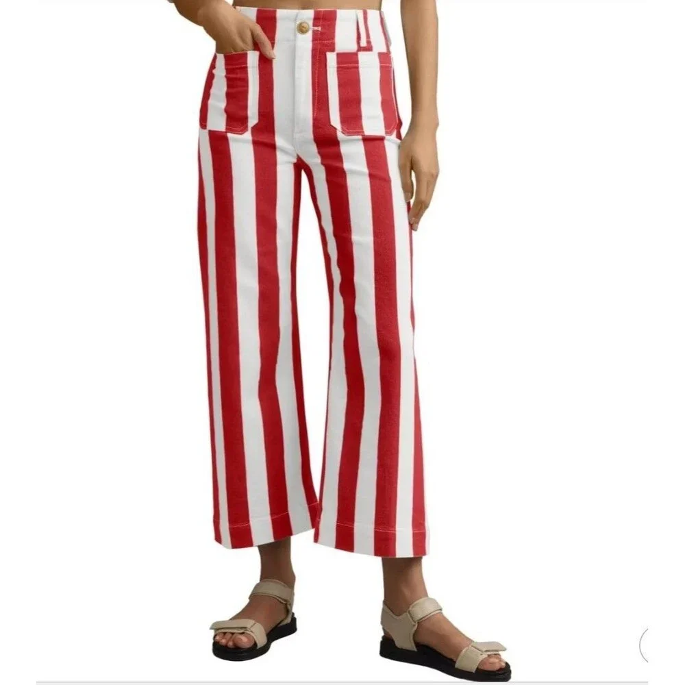 Imily Bela Wide-Leg Cropped High Rise Jeans Vertical Stripe Size 4 Red White NWT